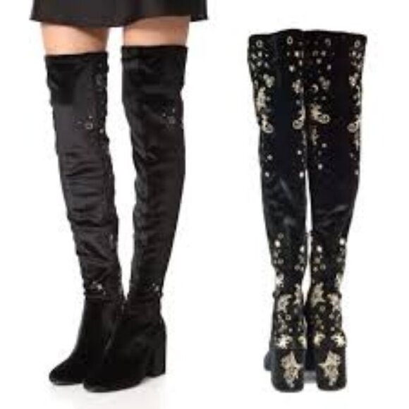ASH Eros Velvet Boho Black Tall Boots Embroidered Over-The-Knee Sz 37 US 6.5 - Picture 1 of 16